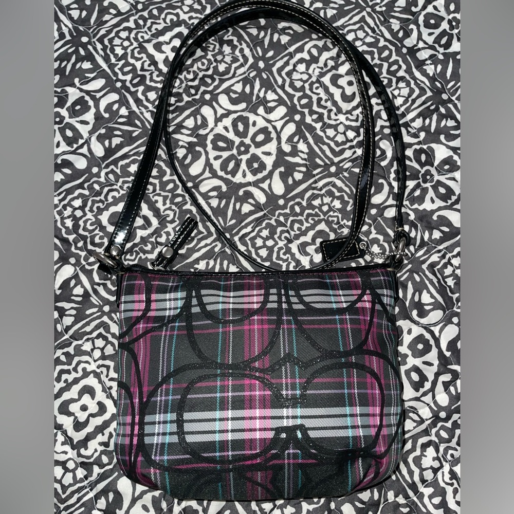 EUC COACH Poppy Sparkle Berry Tartan Crossbody Bag
